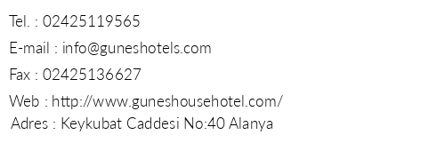 Gne House Hotel telefon numaralar, faks, e-mail, posta adresi ve iletiim bilgileri